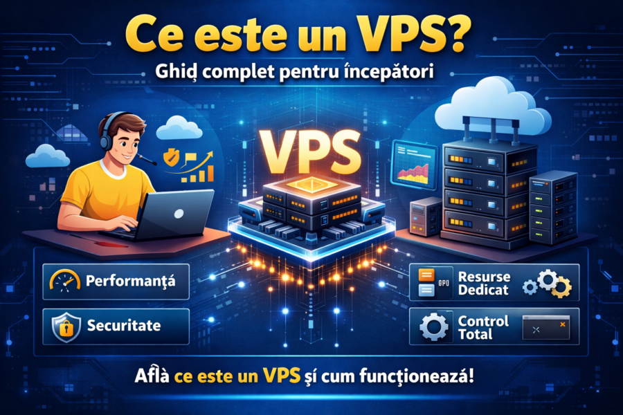 Server VPS ilustrat ca un server virtual care rulează pe un server fizic și oferă resurse dedicate utilizatorilor.