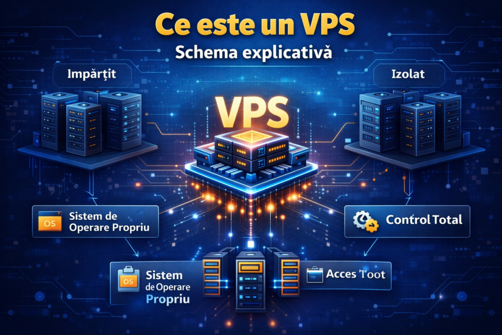 Ce este un VPS – Diagramă explicativă cu VPS, resurse dedicate (CPU, RAM, SSD), sistem de operare propriu și acces root.