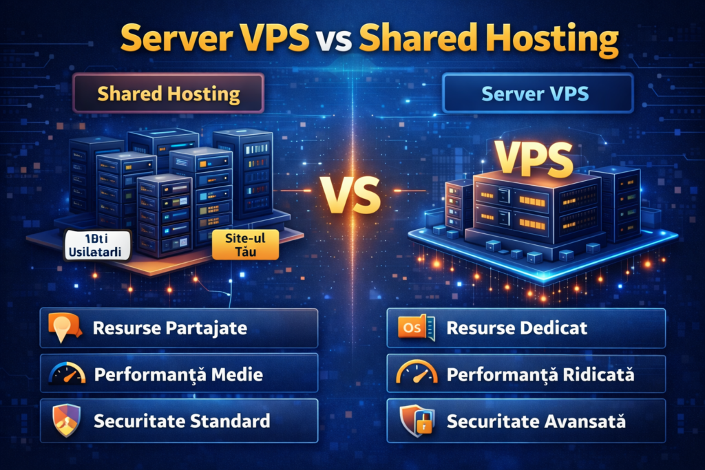 Ce este un VPS? Ghid complet pentru începători – Infografic cu server VPS, resurse dedicate, securitate și control total.